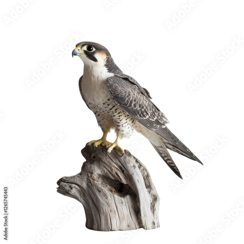 Peregrine falcon on wooden perch in professional product photo
