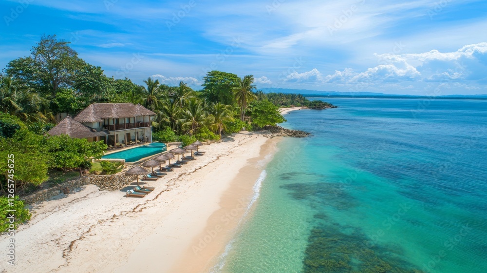 Fototapeta premium Beautiful beachfront and blue sky beach. Luxury tropical landscape from private villa with deck chairs table loungers and sea water. Summer travel vacation landscape. Carefree tourism home office view