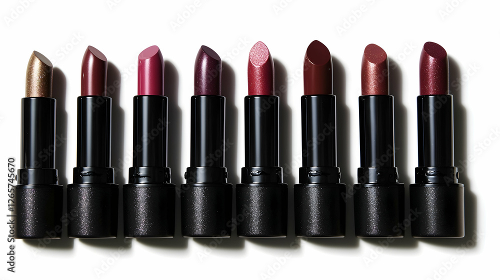 Obraz premium Ten lipstick shades arranged on white background; beauty product photography for online store or magazine