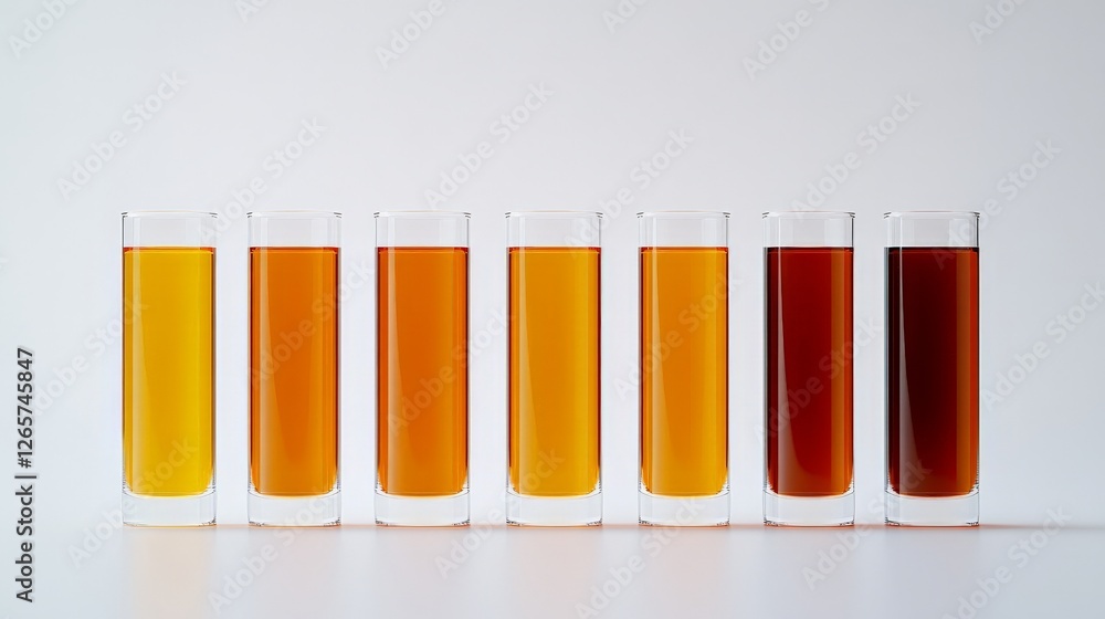 Clear Test Tubes with Colorful Liquids in Straight Rows on Surface Clear Test Tubes with Colorful Liquids in Straight Rows on Surface