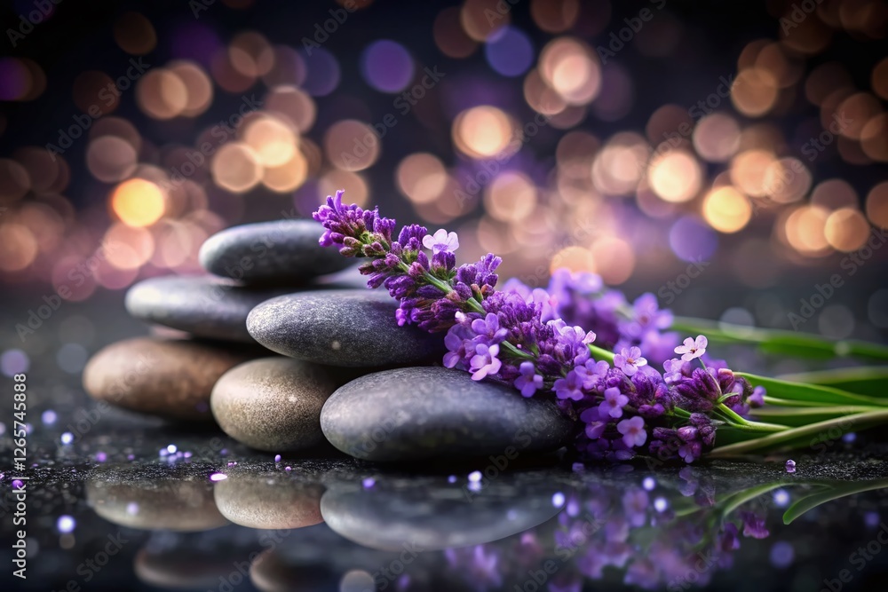 Elegant Grey & Black Bokeh Background with Lavender and Sea Stones - Perfect for Text Overlay Elegant Grey & Black Bokeh Background with Lavender and Sea Stones - Perfect for Text Overlay
