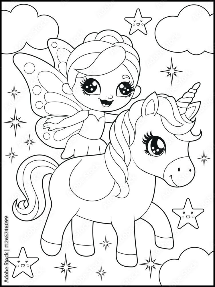 Fototapeta premium Black and white fairy coloring pages for kids. Children's coloring books with cute cartoon fairy and unicorn characters, fun and educational materials for kindergarten.