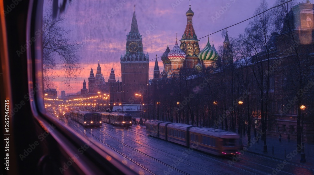 Naklejka premium A view of Moscow iconic Red Square and St. Basil Cathedral from a train window at twilight.