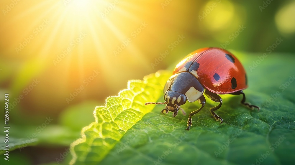 Fototapeta premium Close-up of a ladybug on a green leaf with sunlight filtering through