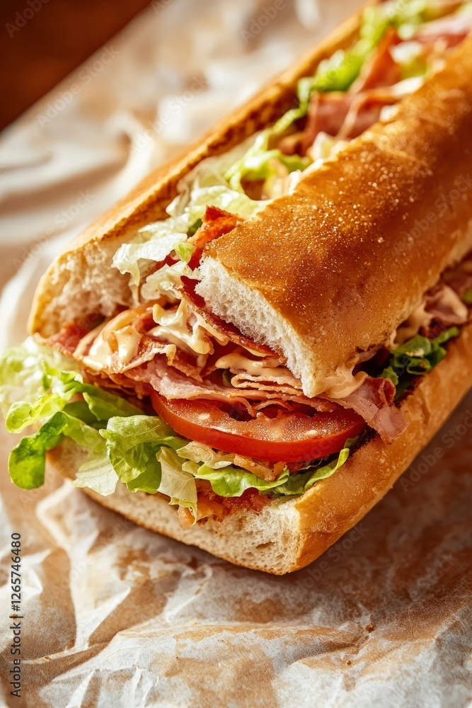 Obraz premium Long sub sandwich with ham, tomatoes, lettuce, and sauce on crumpled paper