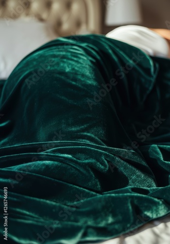 Luxurious green velvet blanket covering cozy bed in sunlit room photo