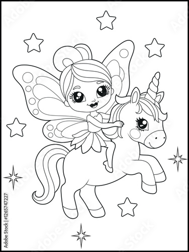 Black and white fairy coloring pages for kids. Children's coloring books with cute cartoon fairy and unicorn characters, fun and educational materials for kindergarten.