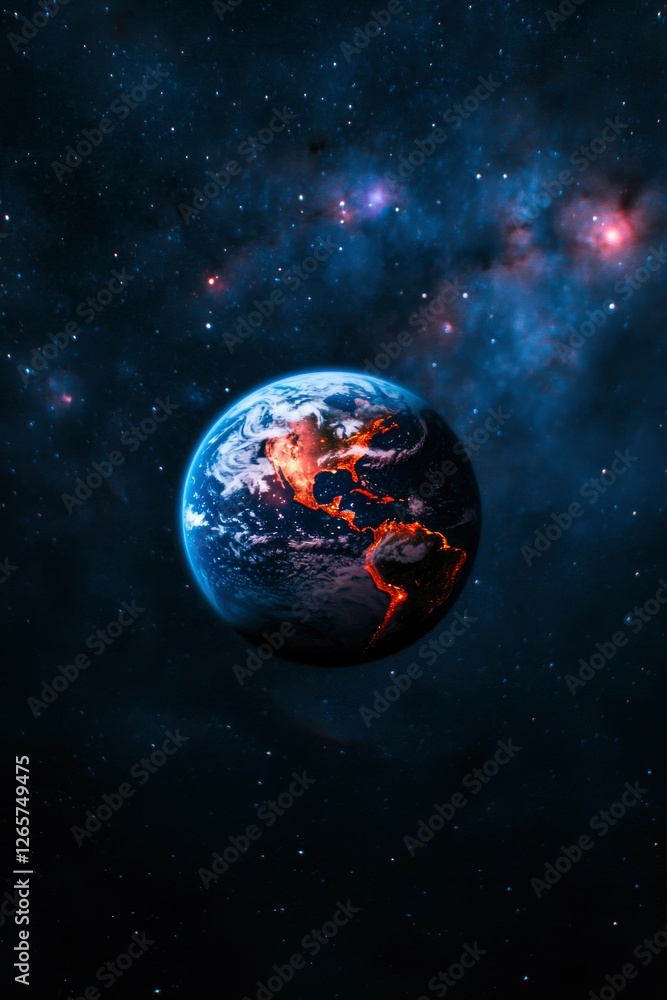Obraz premium Earth with glowing spots amid starry background, showing climate issues and energy