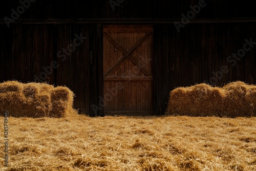 Hay bales sit at an old rustic barn door. Agricultural background photo