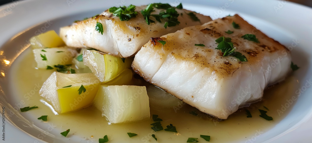 Close-up of pan seared perch fillets seasoned with parsley and black pepper, served with roasted potatoes and lemon Close-up of pan seared perch fillets seasoned with parsley and black pepper, served with roasted potatoes and lemon