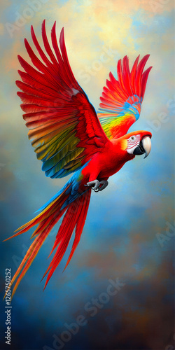 A stunning portrayal of a macaw soaring through the sky, showcasing its vibrant feathers against a soft, colorful background.