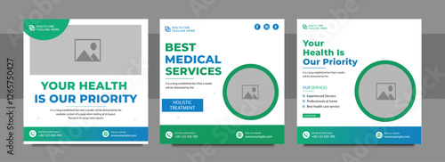 Professional medical healthcare service social media post template design. Clinic or hospital digital marketing. Creative health business promotion banner for doctor, dentist with logo.