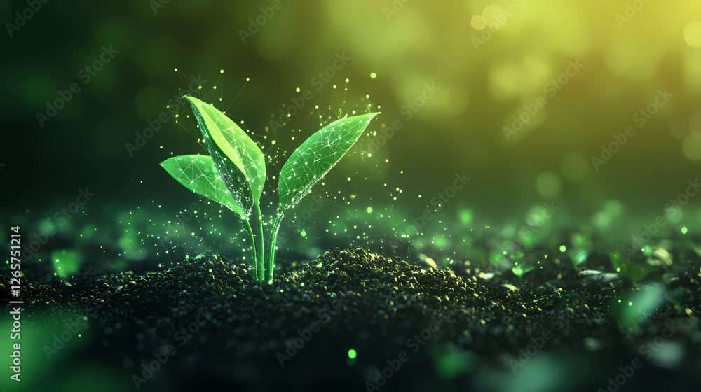 Glowing Green Seedling Emerging from Soil with Tiny Lights Glowing Green Seedling Emerging from Soil with Tiny Lights