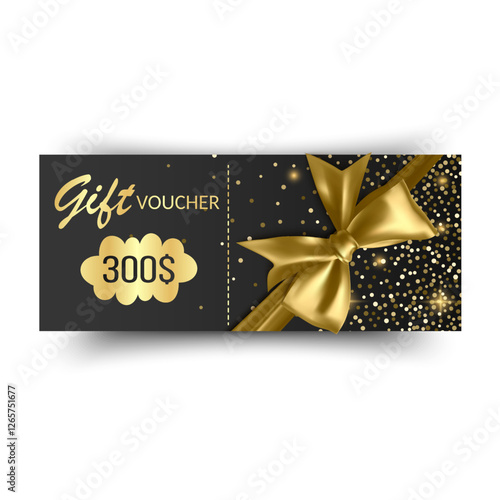 Golden voucher or gift card, gold certificate for discount. Set of isolated template for present coupon with ribbon and bow. Vector illustration