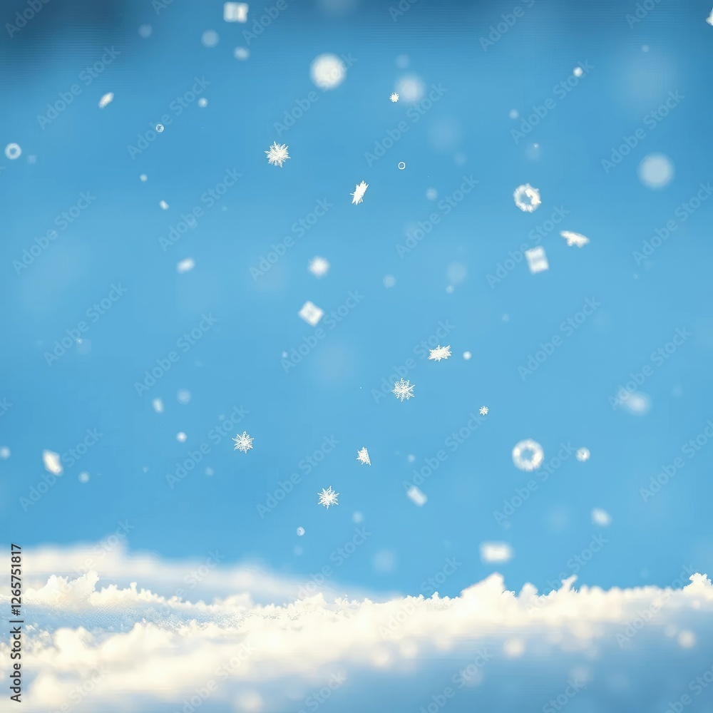 Fototapeta premium Delicate flakes gently fall on a serene blue expanse, their forms shifting in the light , frost, falling, winter