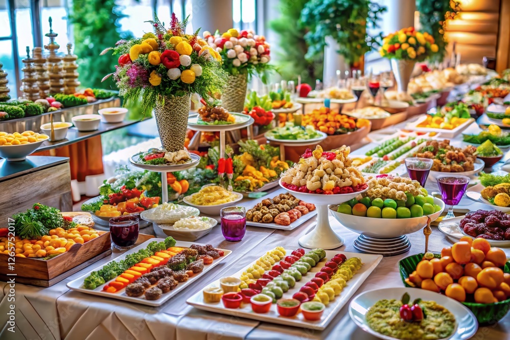 Obraz premium Elegant Wedding Buffet: Aerial View of Delicious Catering Display