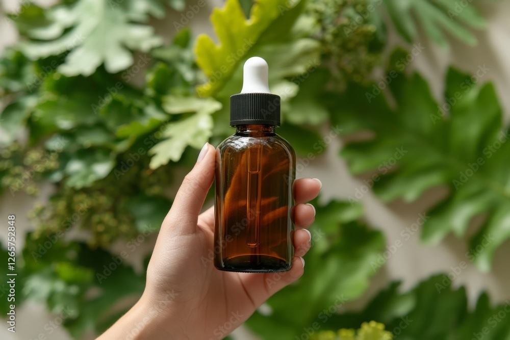 A hand holding a brown glass dropper bottle against a backdrop of green leaves A hand holding a brown glass dropper bottle against a backdrop of green leaves