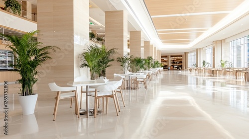 Modern cafe interior, plants, sunlight