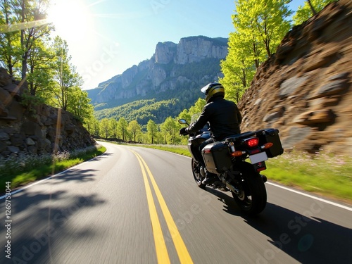 High speed motorcycle ride along a winding mountain highway on a sunny spring day photo