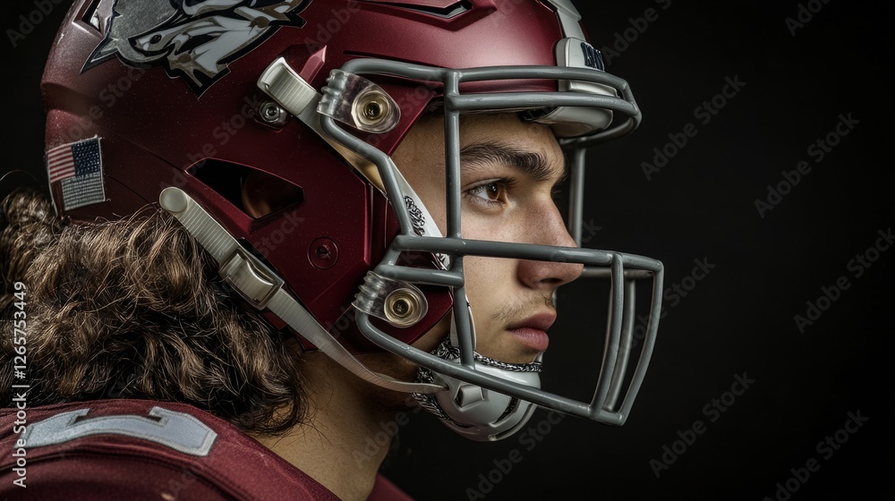 Fototapeta premium Intense American football player in helmet, focused and determined, embodies strength and resilience. 