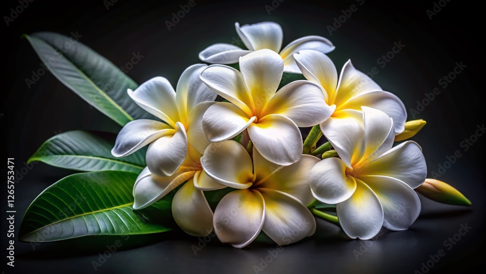 Fototapeta premium Elegant White Plumeria Flowers on Dark Background - Tropical Floral Still Life Stock Photo