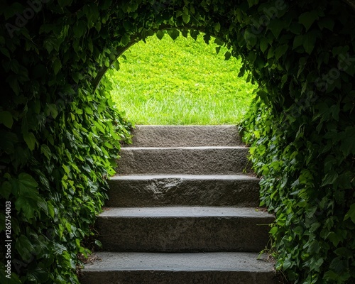 Dark tunnel opening into a luminous green oasis, ivy-covered stone stairs leading towards a bright clearing, magical hidden nature escape