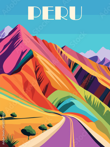 Peru travel poster in retro style. Colorful mountains landscape. Flat vector art illustration