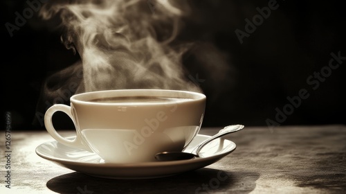 A steaming cup of coffee sits on a saucer, bathed in soft light that highlights the rich aroma rising above the surface.