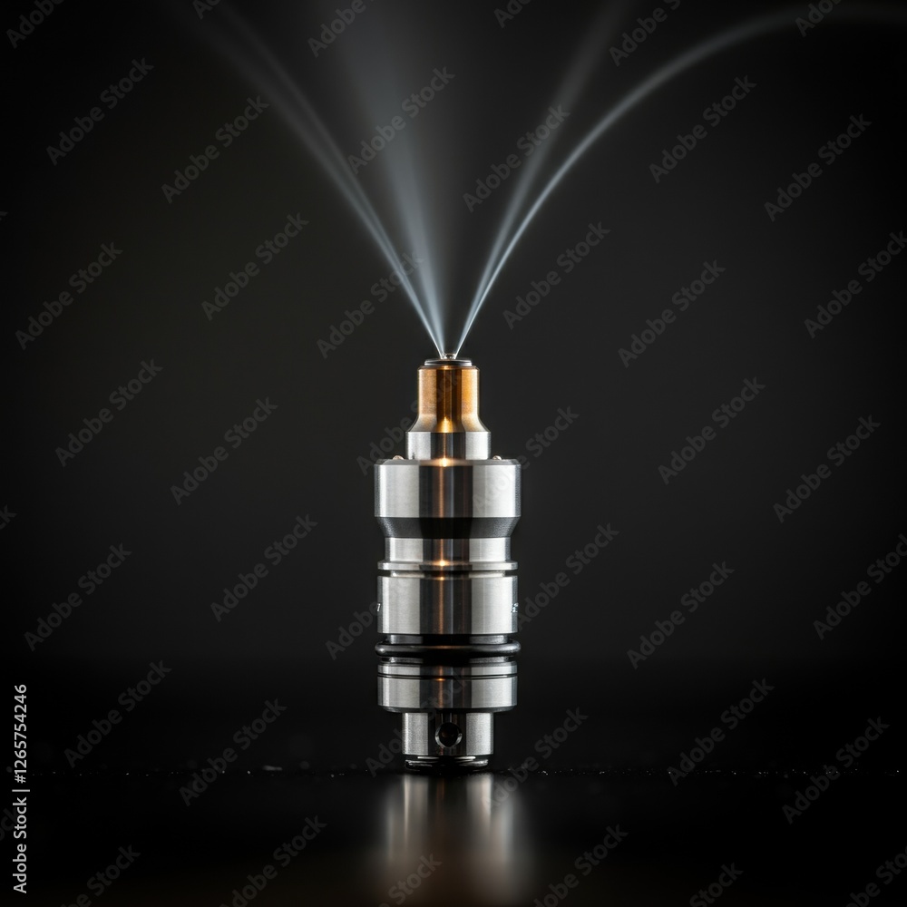 Close-up of modern metal vape tank in black background with vapor streams Close-up of modern metal vape tank in black background with vapor streams