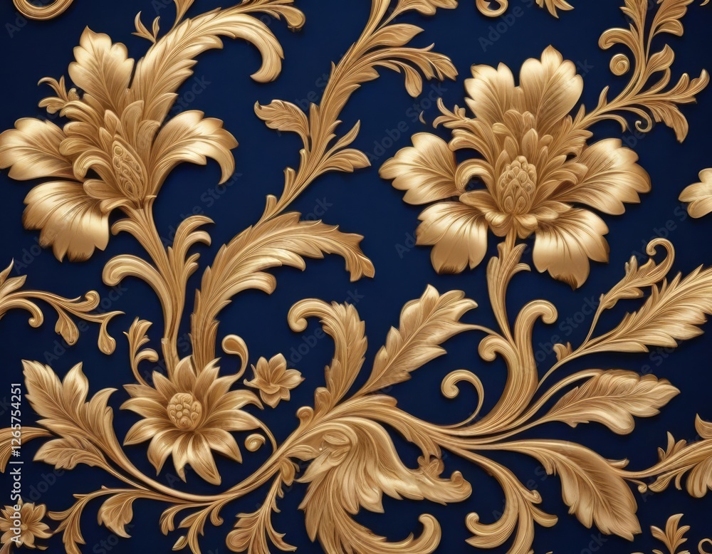 Golden floral ornament intricately designed on a deep blue fabric background, creating a luxurious and elegant decorative element perfect for classic design themes Generated with AI Golden floral ornament intricately designed on a deep blue fabric background, creating a luxurious and elegant decorative element perfect for classic design themes Generated with AI