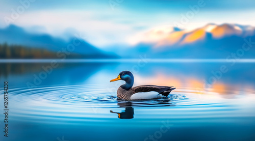 A serene duck glides gracefully across a still lake, surrounded by misty mountains and soft reflections, creating a peaceful and dreamy atmosphere in nature's embrace.