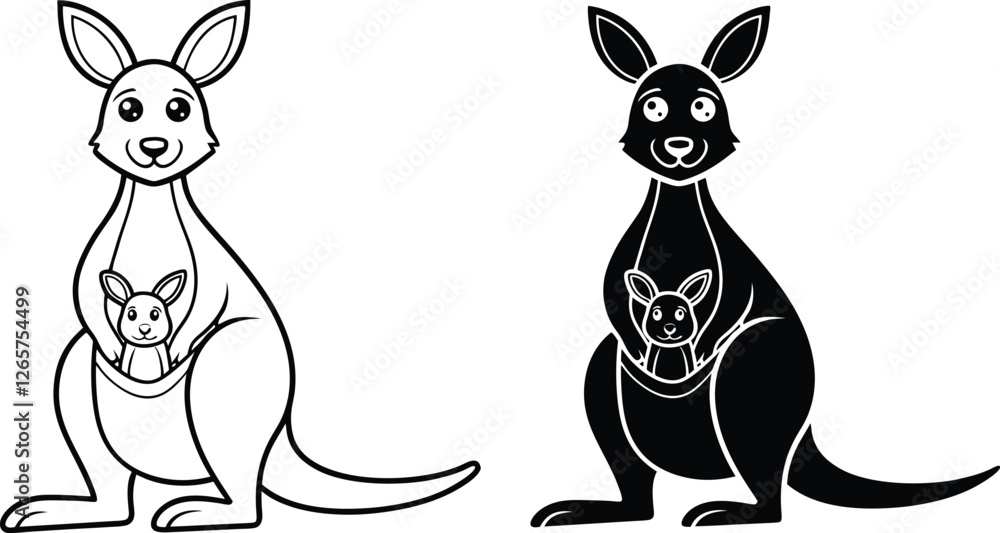 Naklejka premium Mother Kangaroo and Joey Line Art, Black, White, Cartoon, Illustration, Pouch, Australia, Mammal, Wi