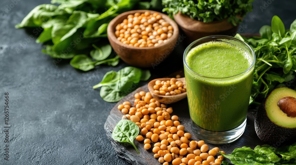 A refreshing green smoothie made with spinach and avocado, surrounded by fresh ingredients and bright green leafy vegetables. A refreshing green smoothie made with spinach and avocado, surrounded by fresh ingredients and bright green leafy vegetables.