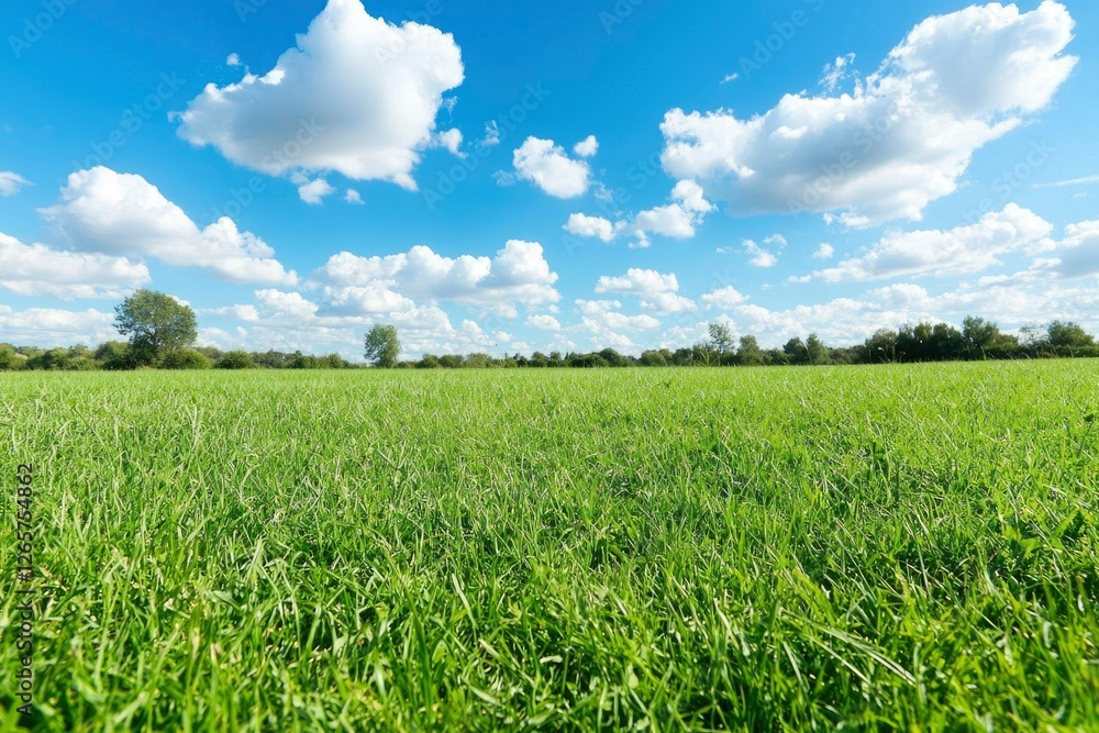 Serene green field under a bright sky, idyllic scenery for recreation and farming Serene green field under a bright sky, idyllic scenery for recreation and farming