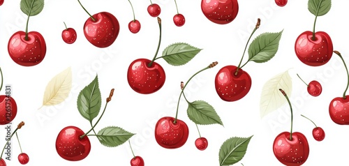 Elegant cherry-themed seamless pattern, realistic juicy cherries and delicate leaf arrangements, bright and cheerful color palette