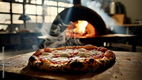 Delicious margherita pizza, straight from a blazing wood-fired oven, sits on a charming rustic countertop while it's still steaming, captured in slow motion with a slight camera pan