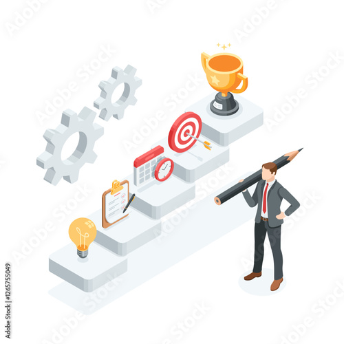 isometric vector staircase with cup icons with target and arrow and calendar and plan on sheet of paper, in color on white background, path from idea to business successisometric vector staircase with