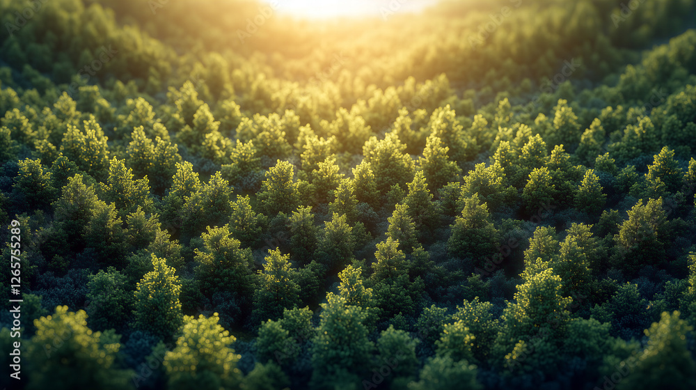 Aerial View of a Dense Green Forest Canopy Bathed in Golden Sunlight Aerial View of a Dense Green Forest Canopy Bathed in Golden Sunlight