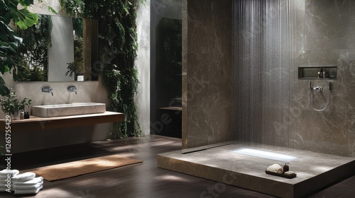 Elegant bathroom showcases a modern rain shower and botanical features