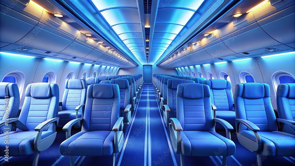 Fototapeta premium Empty Airplane Cabin Interior: Serene Blue Seats, Dim Lighting, Organized Travel