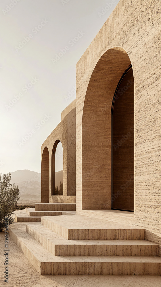 Modern minimalist architecture with large curved arches and steps in a desert landscape, showcasing simplicity, geometric design, and contemporary elegance Modern minimalist architecture with large curved arches and steps in a desert landscape, showcasing simplicity, geometric design, and contemporary elegance