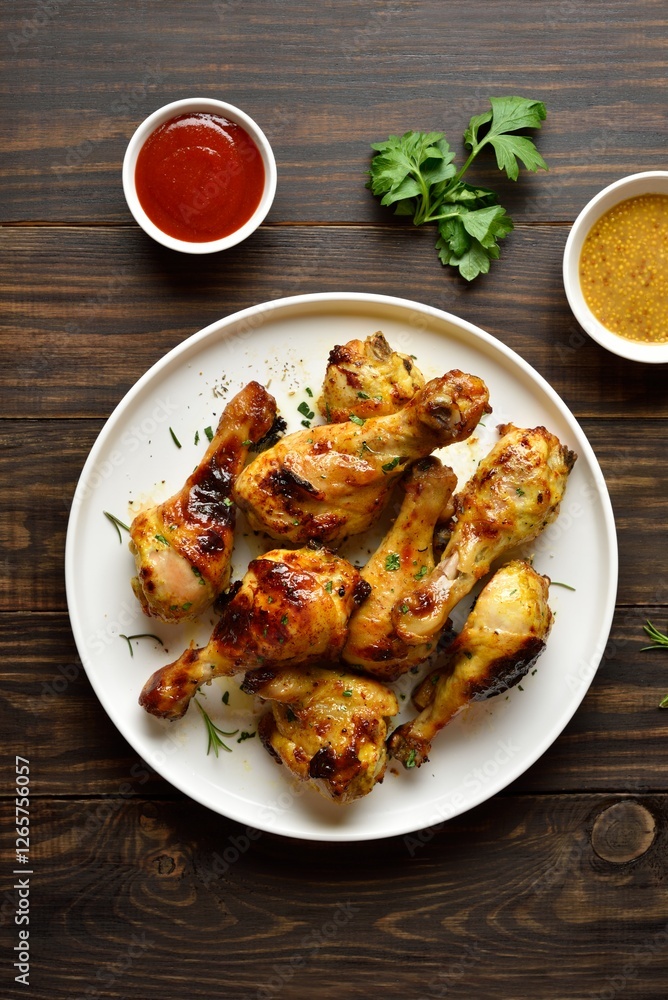 Barbecue roasted chicken drumsticks served with sauce Barbecue roasted chicken drumsticks served with sauce