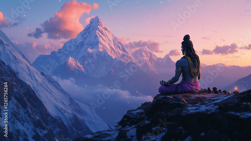 Lord Shiva meditating on Mount Kailash under a twilight sky, surrounded by Himalayan peaks