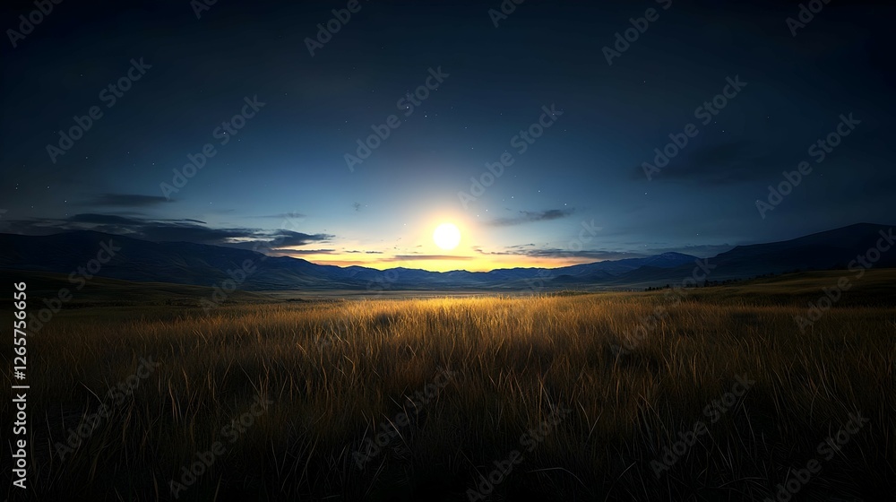 Obraz premium Serene Sunset Landscape Over Golden Grass Field