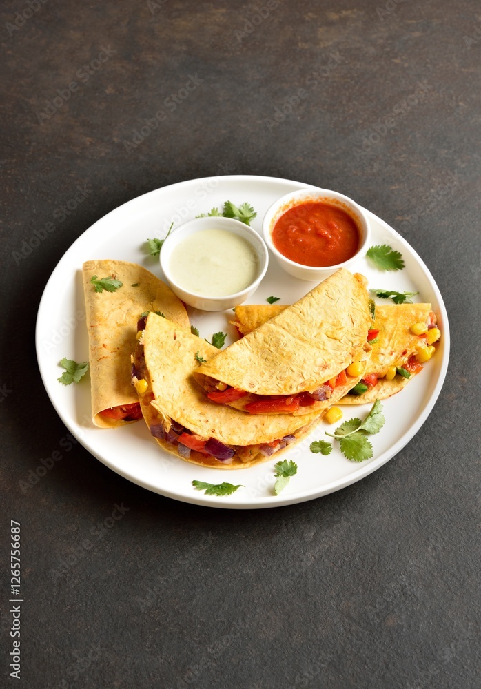Quesadillas with fresh vegetables served with sauce Quesadillas with fresh vegetables served with sauce