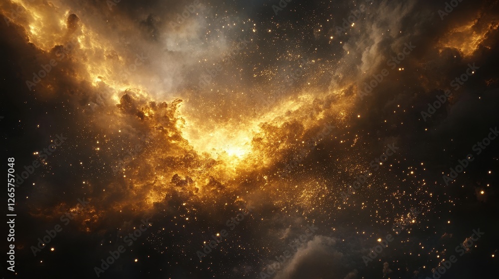 Obraz premium A stunning cosmic scene featuring vibrant golden clouds and twinkling stars against a dark backdrop, evoking wonder and the mysteries of the universe.