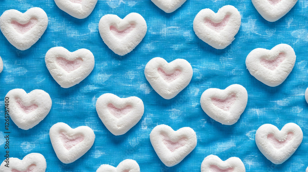 Obraz premium Pink-filled heart-shaped marshmallows arranged on blue fabric background; perfect for Valentine's Day or romantic themed projects
