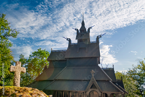 Fortun Stave Church or Fantoft Stave Church is a stavkirke church in the city of Bergen, photo