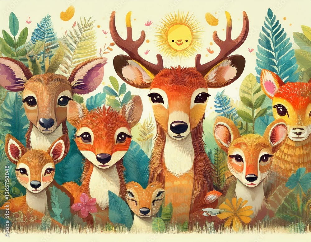 Naklejka premium Colorido dibujo de dibujos animados con animales del bosque lindos y caras soleadas en un fondo ligero