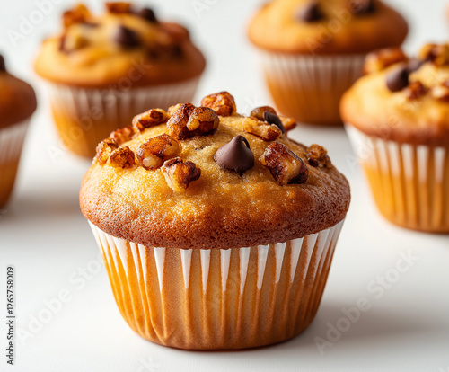 A professional food photograph of a Levi's Muffin, reminiscent of the classic Levi's brand style. The muffins should be centered in the frame with a white background and sharp focus on each one. They  photo